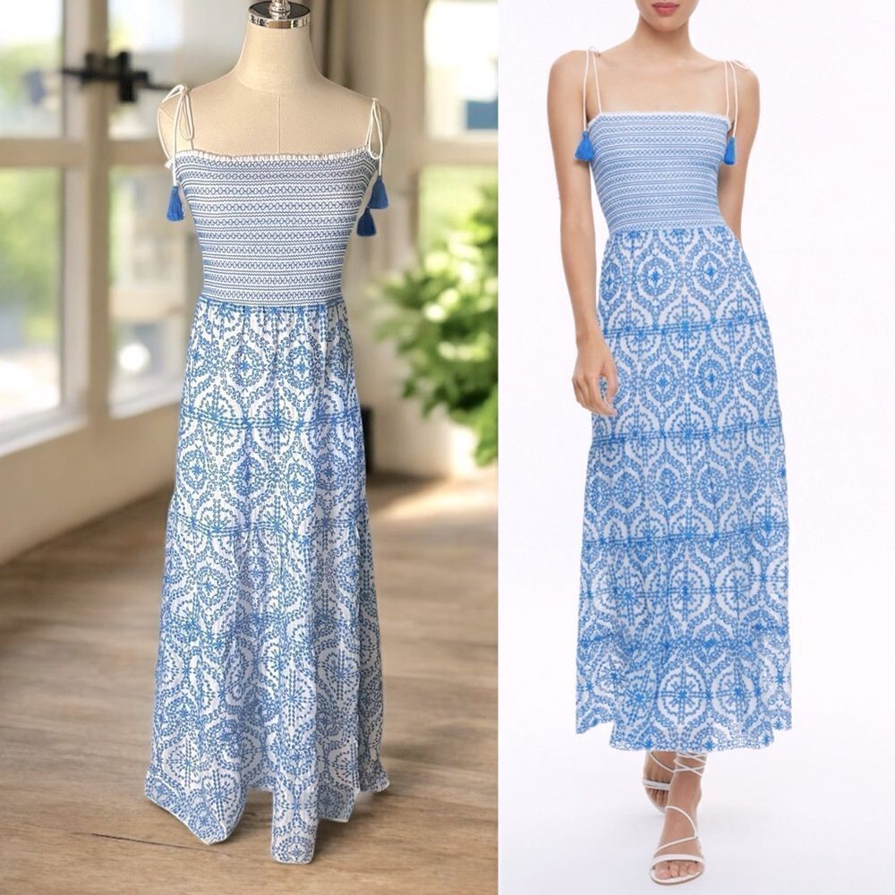 NEW ALICE + OLIVIA $695 Marna Maxi Midi Dress Off White/French Blue